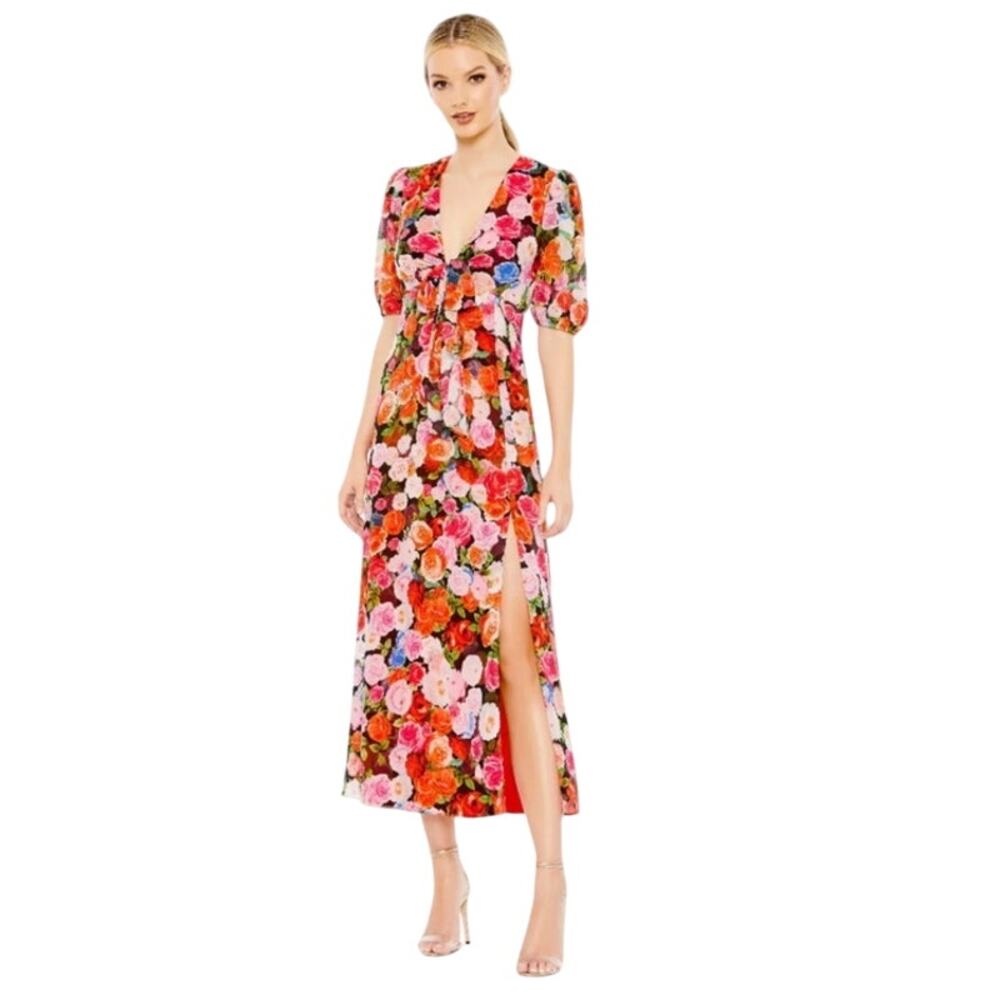 Mac Duggal NEW Size 6 Multicolor Floral Print Front Tie Midi Dress 55626 - Picture 1 of 8
